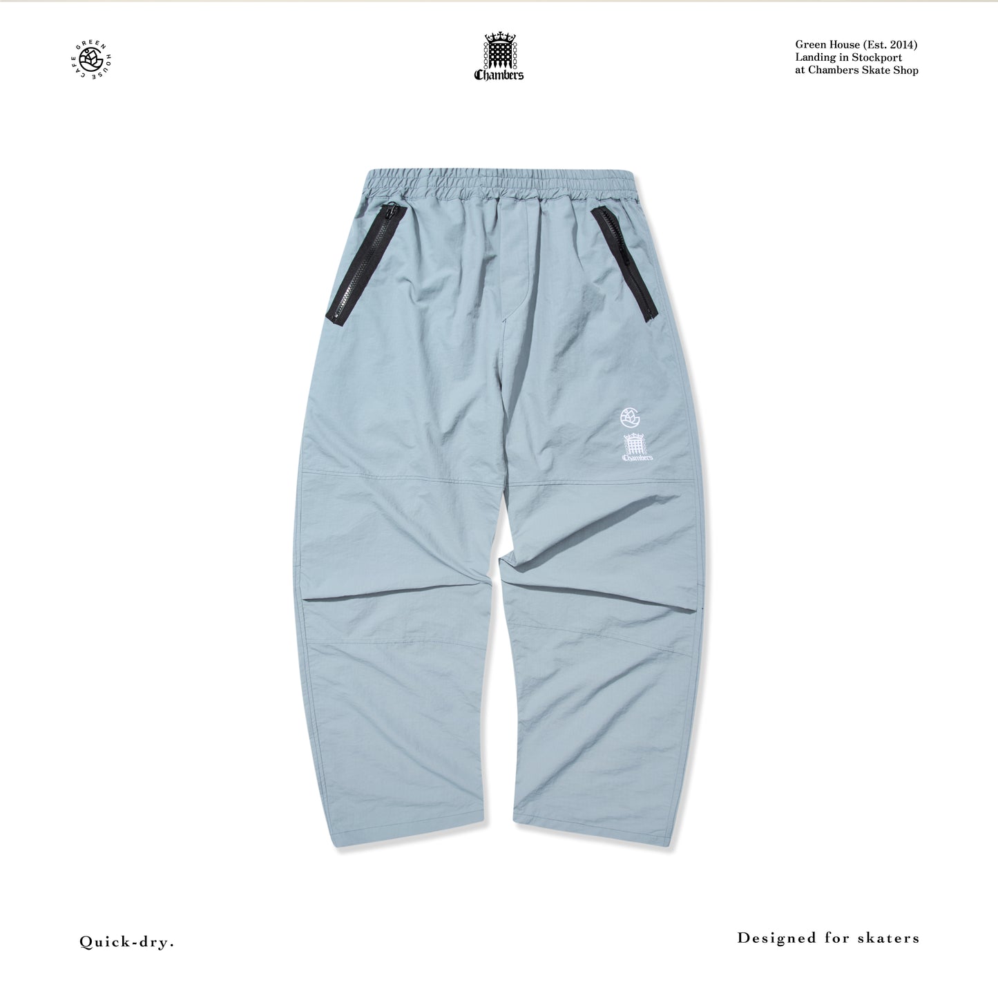 GREEN HOUSE CAFE and CHAMBERS Unveil Limited-Edition Skate Pants Sky Blue