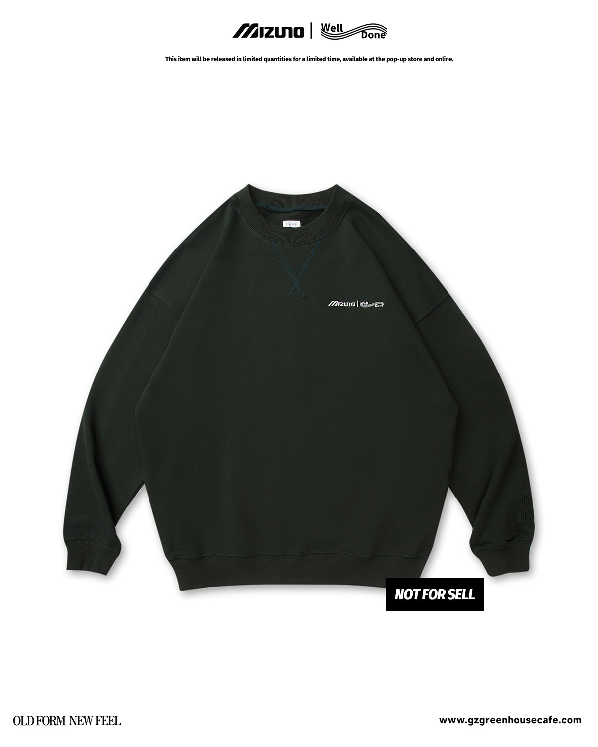 Mizuno Sportstyle and WELL DONE Present “OLD FORM, NEW FEEL”  Crewneck — Dark Green